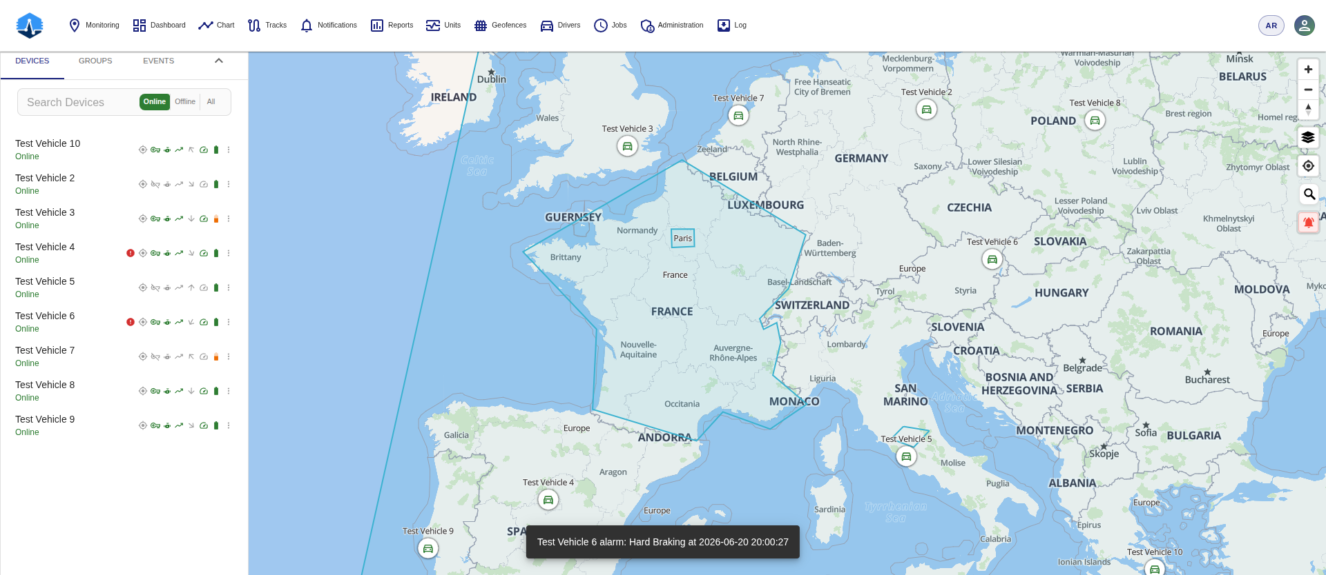 TrakPulse live fleet monitoring map with vehicle list